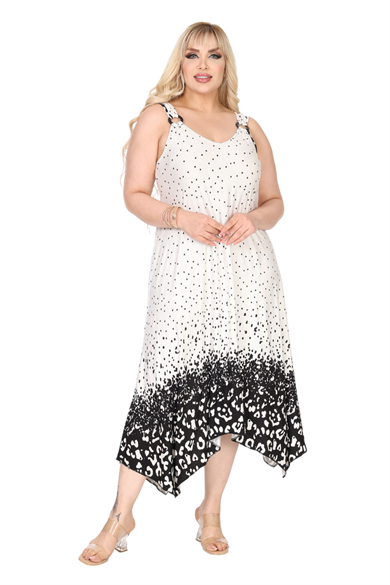 Melsay Butik Askılı V Yaka Beyaz Puanlı Eteği Leopar Desen Elbise