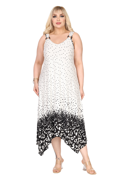 Melsay Butik Askılı V Yaka Beyaz Puanlı Eteği Leopar Desen Elbise