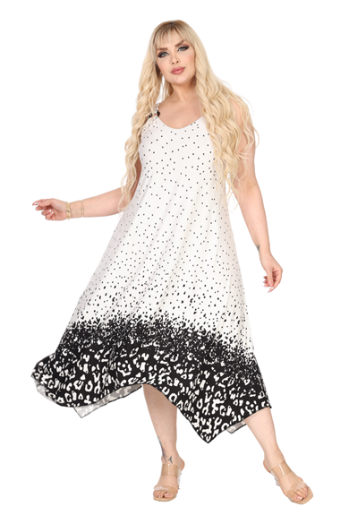 Melsay Butik Askılı V Yaka Beyaz Puanlı Eteği Leopar Desen Elbise