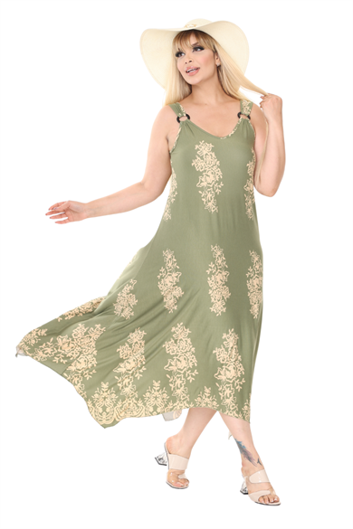 Melsay Butik Askılı V Yaka Haki Pano Desen Elbise