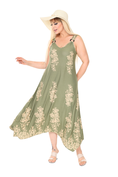 Melsay Butik Askılı V Yaka Haki Pano Desen Elbise