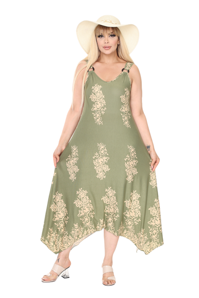 Melsay Butik Askılı V Yaka Haki Pano Desen Elbise