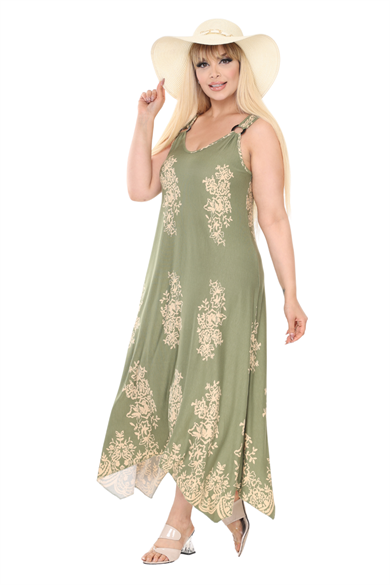 Melsay Butik Askılı V Yaka Haki Pano Desen Elbise