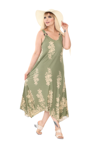 Melsay Butik Askılı V Yaka Haki Pano Desen Elbise