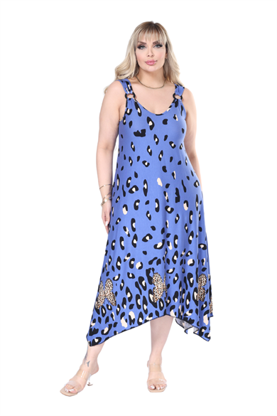Melsay Butik Askılı V Yaka Mavi Sulu Leopar Desen Elbise