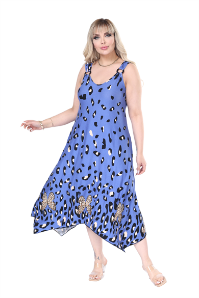 Melsay Butik Askılı V Yaka Mavi Sulu Leopar Desen Elbise