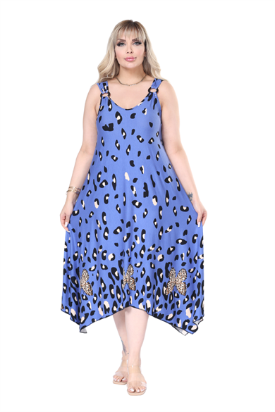 Melsay Butik Askılı V Yaka Mavi Sulu Leopar Desen Elbise
