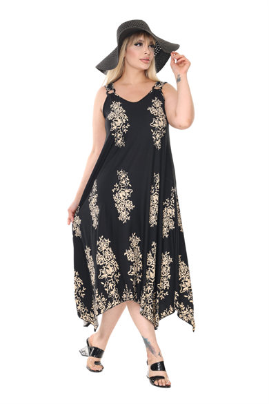 Melsay Butik Askılı V Yaka Siyah Pano Desen Elbise