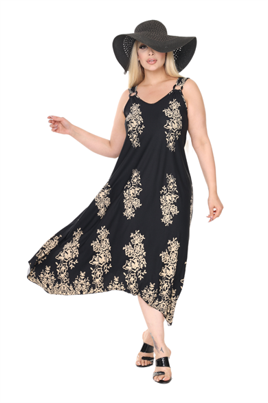 Melsay Butik Askılı V Yaka Siyah Pano Desen Elbise