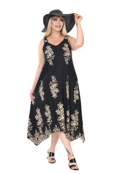 Melsay Butik Askılı V Yaka Siyah Pano Desen Elbise