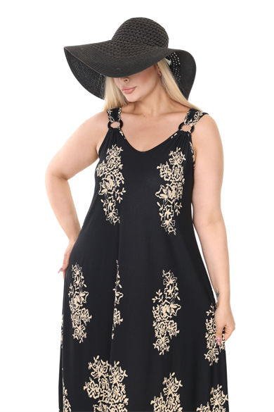 Melsay Butik Askılı V Yaka Siyah Pano Desen Elbise