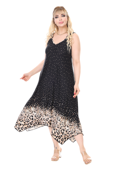 Melsay Butik Askılı V Yaka Siyah Puanlı Eteği Leopar Desen Elbise