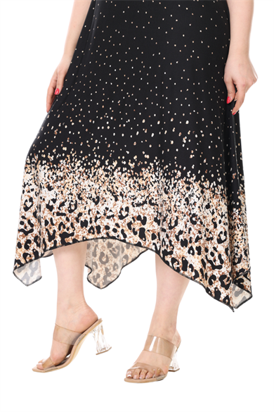 Melsay Butik Askılı V Yaka Siyah Puanlı Eteği Leopar Desen Elbise