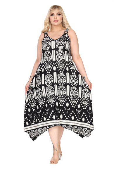 Melsay Butik Askılı V Yaka Toka Detaylı Beyaz Retro Desen Elbise