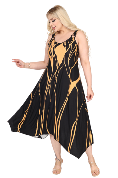 Melsay Butik Askılı V Yaka Toka Detaylı Sarı Lav Desen Elbise