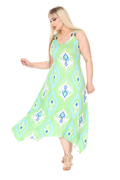 Melsay Butik Askılı V Yaka Toka Detaylı Yeşil Motif Desen Elbise