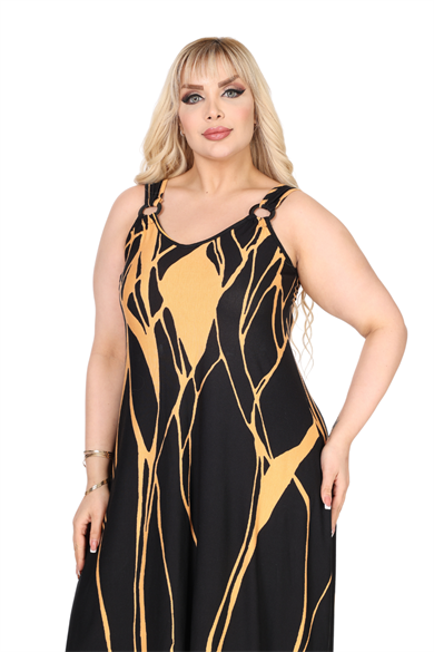 Melsay Butik Askılı V Yaka Toka Detaylı Sarı Lav Desen Elbise