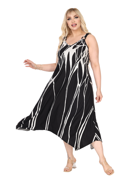 Melsay Butik Askılı V Yaka Toka Detaylı Beyaz Lav Desen Elbise
