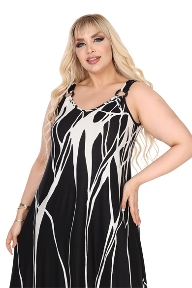 Melsay Butik Askılı V Yaka Toka Detaylı Beyaz Lav Desen Elbise