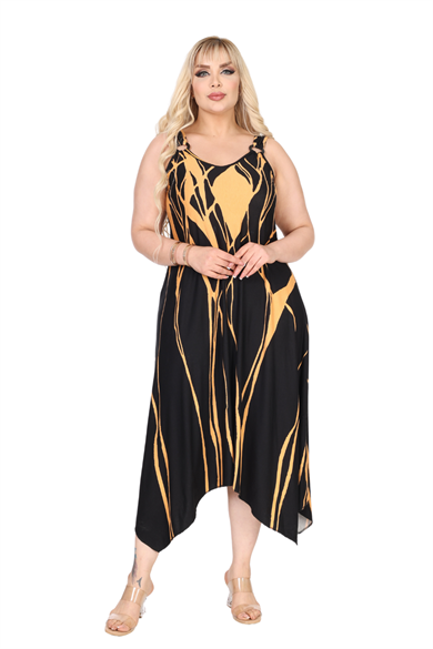 Melsay Butik Askılı V Yaka Toka Detaylı Sarı Lav Desen Elbise