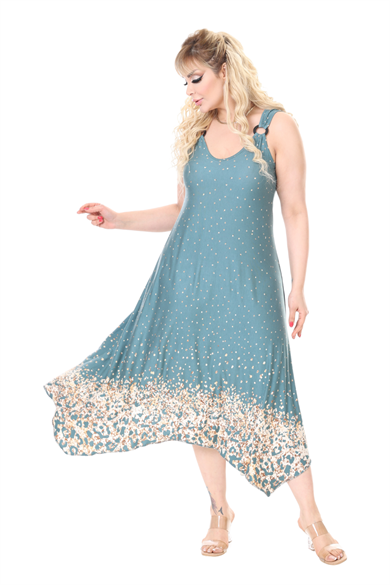 Melsay Butik Askılı V Yaka Yeşil Puanlı Eteği Leopar Desen Elbise