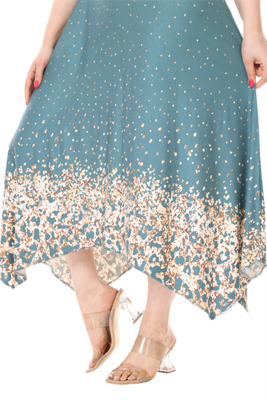Melsay Butik Askılı V Yaka Yeşil Puanlı Eteği Leopar Desen Elbise