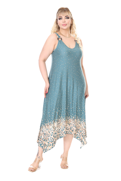 Melsay Butik Askılı V Yaka Yeşil Puanlı Eteği Leopar Desen Elbise