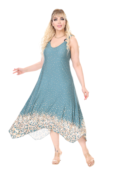 Melsay Butik Askılı V Yaka Yeşil Puanlı Eteği Leopar Desen Elbise