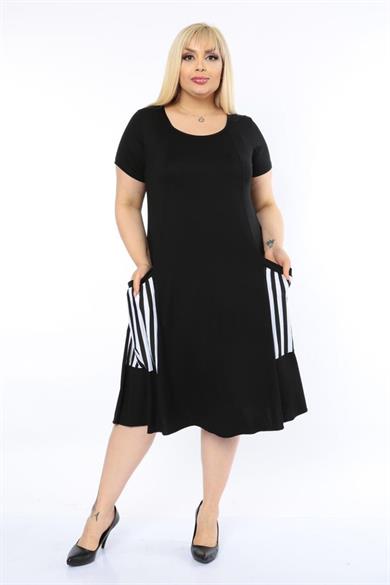 Melsay Butik Balon Cepli Çizgi Desen Kısa Kollu Midi Elbise