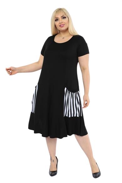 Melsay Butik Balon Cepli Çizgi Desen Kısa Kollu Midi Elbise