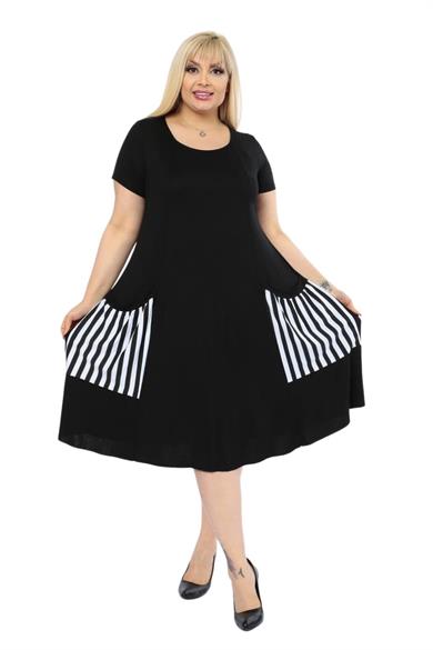 Melsay Butik Balon Cepli Çizgi Desen Kısa Kollu Midi Elbise