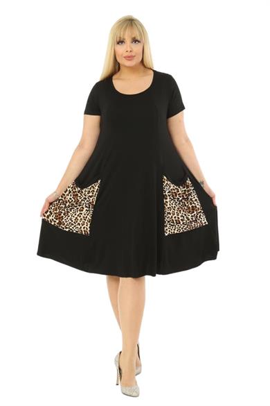Melsay Butik Balon Cepli Leopar Desen Kısa Kollu Midi Elbise
