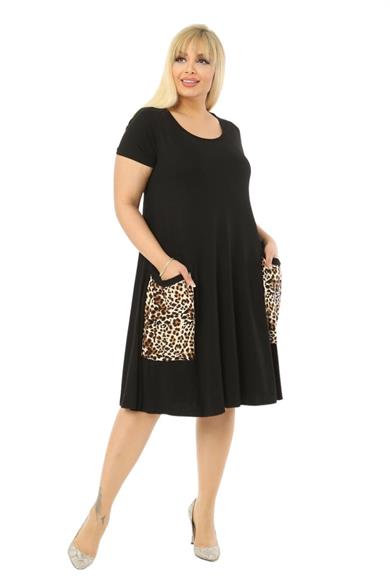 Melsay Butik Balon Cepli Leopar Desen Kısa Kollu Midi Elbise