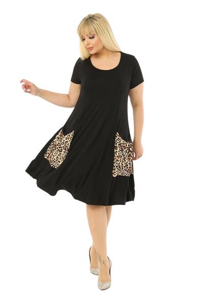Melsay Butik Balon Cepli Leopar Desen Kısa Kollu Midi Elbise
