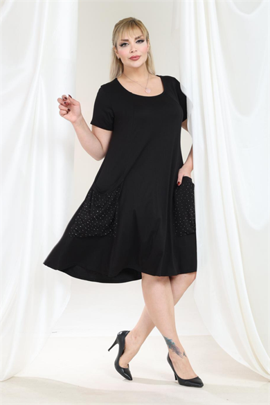Melsay Butik Balon Cepli Taş Baskılı Kısa Kollu Midi Elbise