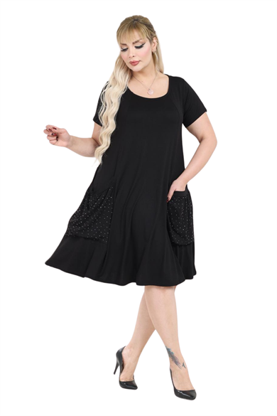 Melsay Butik Balon Cepli Taş Baskılı Kısa Kollu Midi Elbise