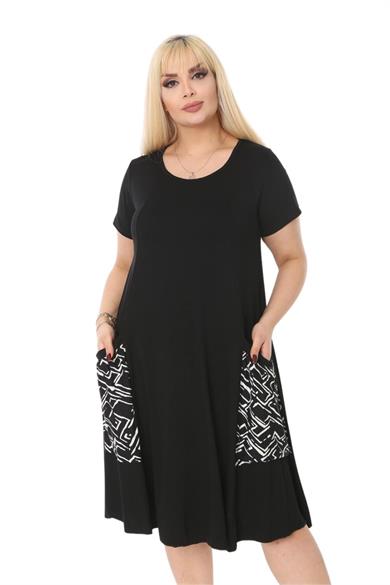 Melsay Butik Balon Cepli Zigzag Desen Kısa Kollu Midi Elbise