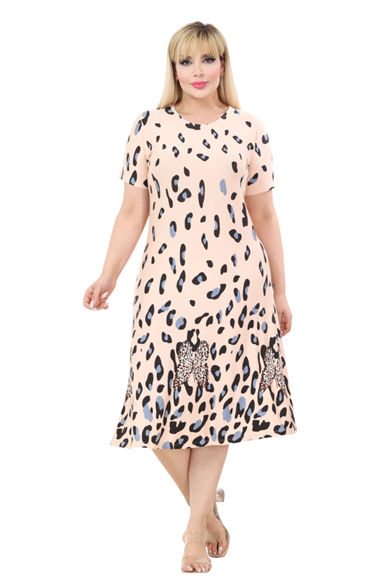 Melsay Butik Bej Kısa Kollu A Kesim Eteği Sulu Leopar Desen Midi Elbise