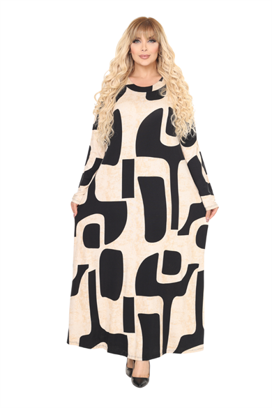 Melsay Butik Bej Picasso Desen Uzun Kollu Kadın Tesettür Elbise