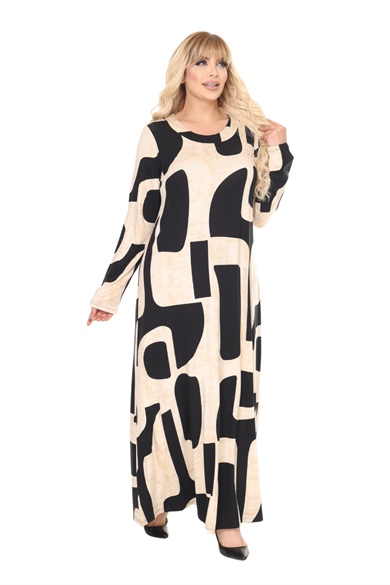 Melsay Butik Bej Picasso Desen Uzun Kollu Kadın Tesettür Elbise