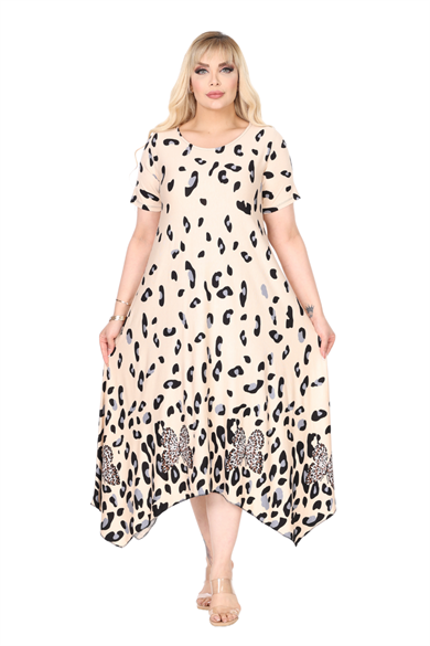 Melsay Butik Bej Sulu Leopar Desenli Asimetrik Kısa Kollu Elbise