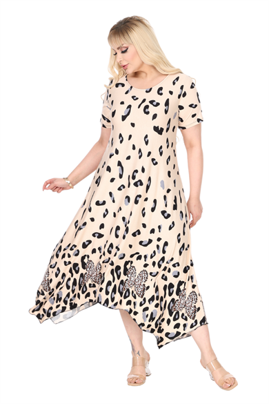 Melsay Butik Bej Sulu Leopar Desenli Asimetrik Kısa Kollu Elbise