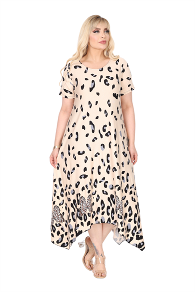 Melsay Butik Bej Sulu Leopar Desenli Asimetrik Kısa Kollu Elbise