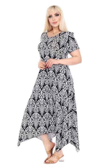 Melsay Butik Beyaz Dantel Desen Asimetrik Kısa Kollu Elbise