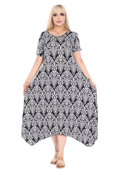 Melsay Butik Beyaz Dantel Desen Asimetrik Kısa Kollu Elbise