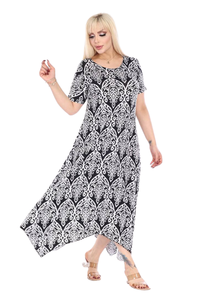 Melsay Butik Beyaz Dantel Desen Asimetrik Kısa Kollu Elbise
