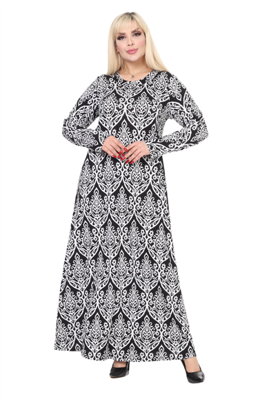 Melsay Butik Beyaz Dantel Desen Uzun Kollu Kadın Tesettür Elbise