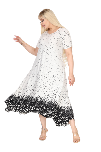 Melsay Butik Beyaz Puanlı Eteği Leopar Desen Asimetrik Kısa Kollu Elbise