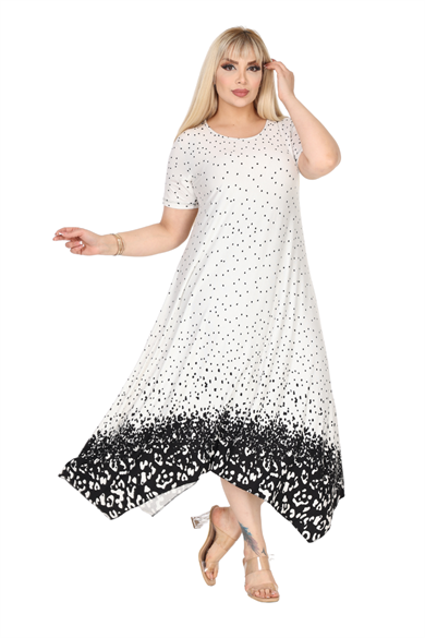 Melsay Butik Beyaz Puanlı Eteği Leopar Desen Asimetrik Kısa Kollu Elbise