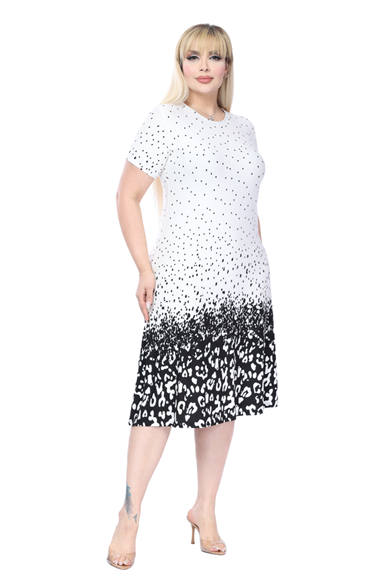 Melsay Butik Beyaz Puanlı Leopar Desen A Kesim Midi Elbise